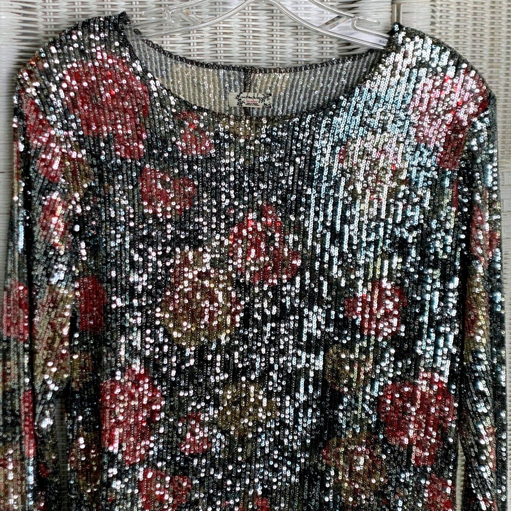 Free People Intimately Sequin Mesh Floral Top Silver Pastel Sparkle Glam XL - Picture 2 of 10